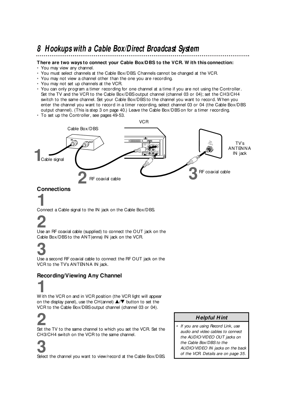 Philips VR960BPH owner manual Hookups with a Cable Box/Direct Broadcast System, Connections, Recording/Viewing Any Channel 