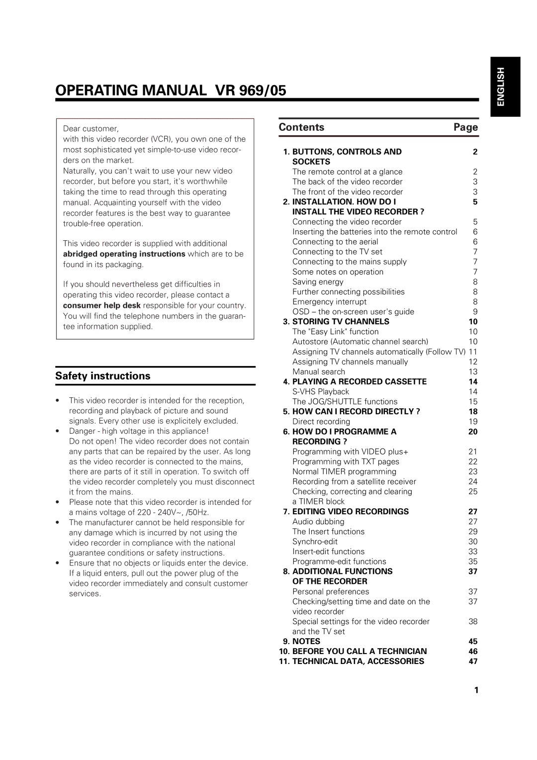 Philips VR969/05 operating instructions Operating Manual VR 969/05, Safety instructions, Contents 