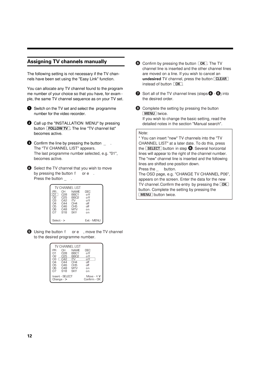 Philips VR969/05 operating instructions Assigning TV channels manually 