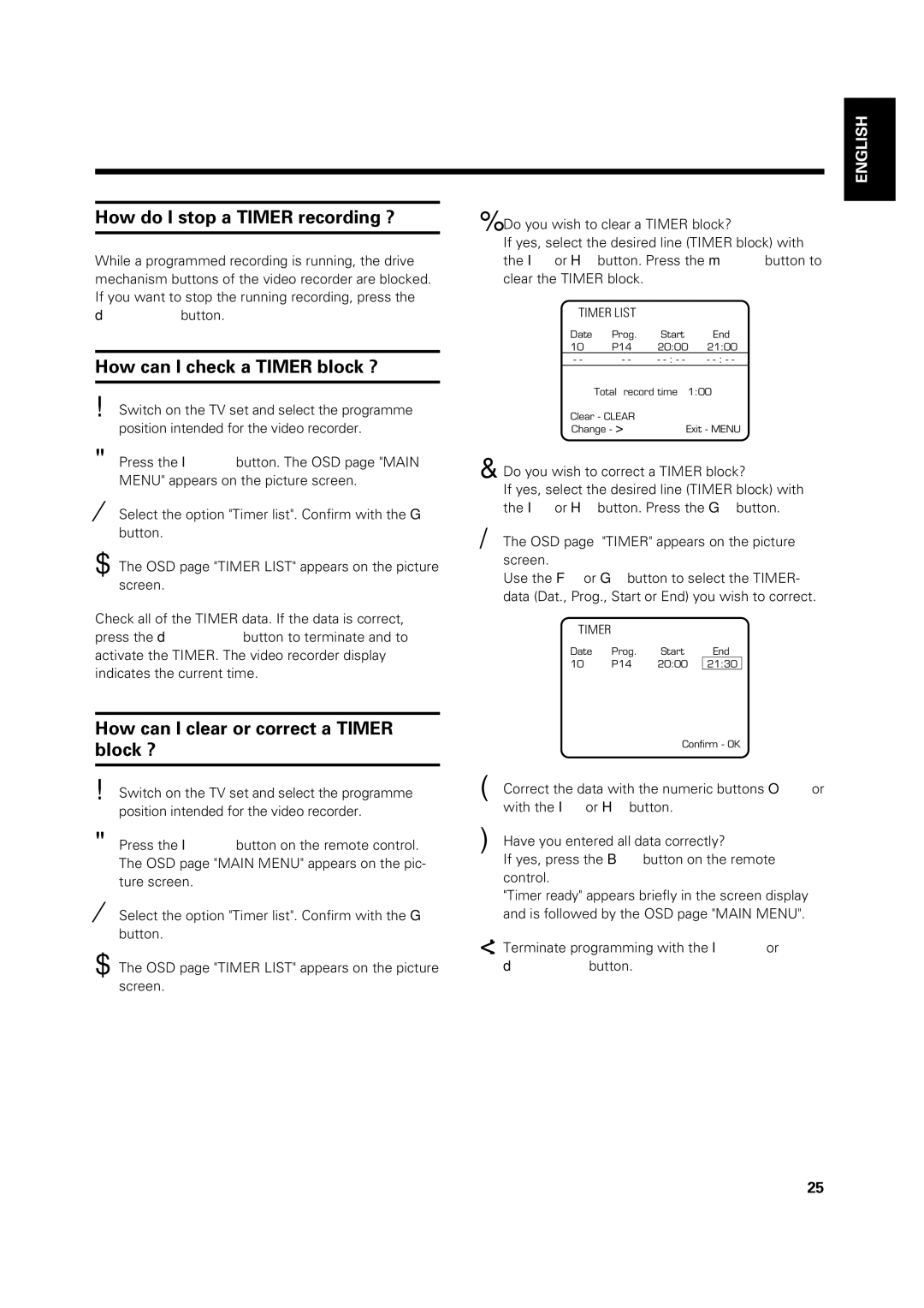 Philips VR969/05 operating instructions How do I stop a Timer recording ?, How can I check a Timer block ? 