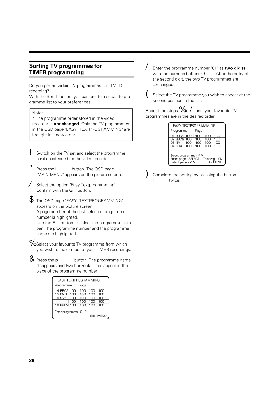 Philips VR969/05 operating instructions Sorting TV programmes for Timer programming 