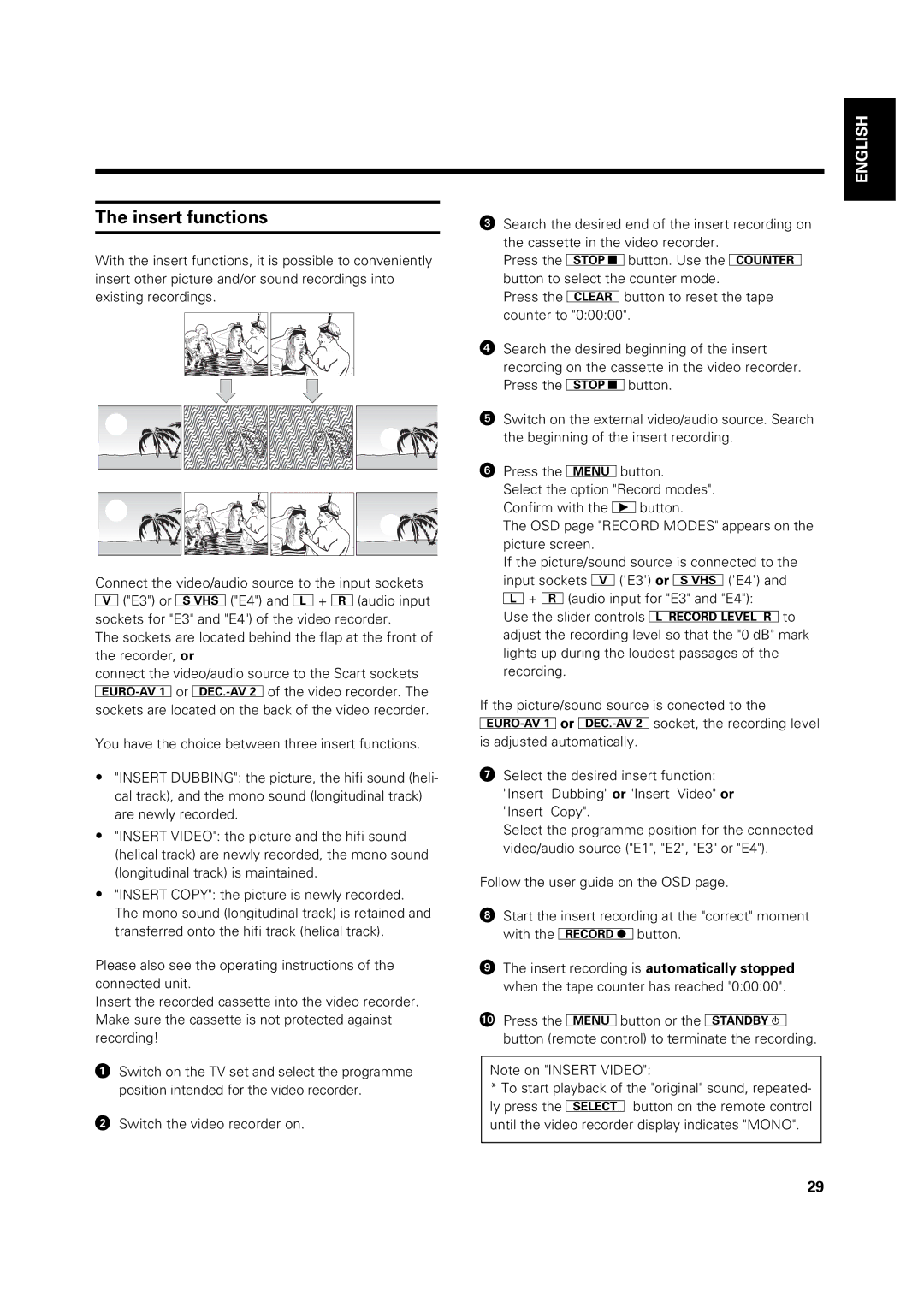 Philips VR969/05 operating instructions Insert functions 