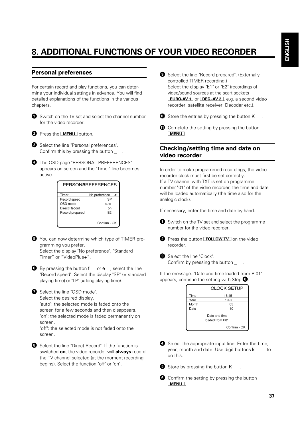 Philips VR969/05 operating instructions Additional Functions of Your Video Recorder, Personal preferences 