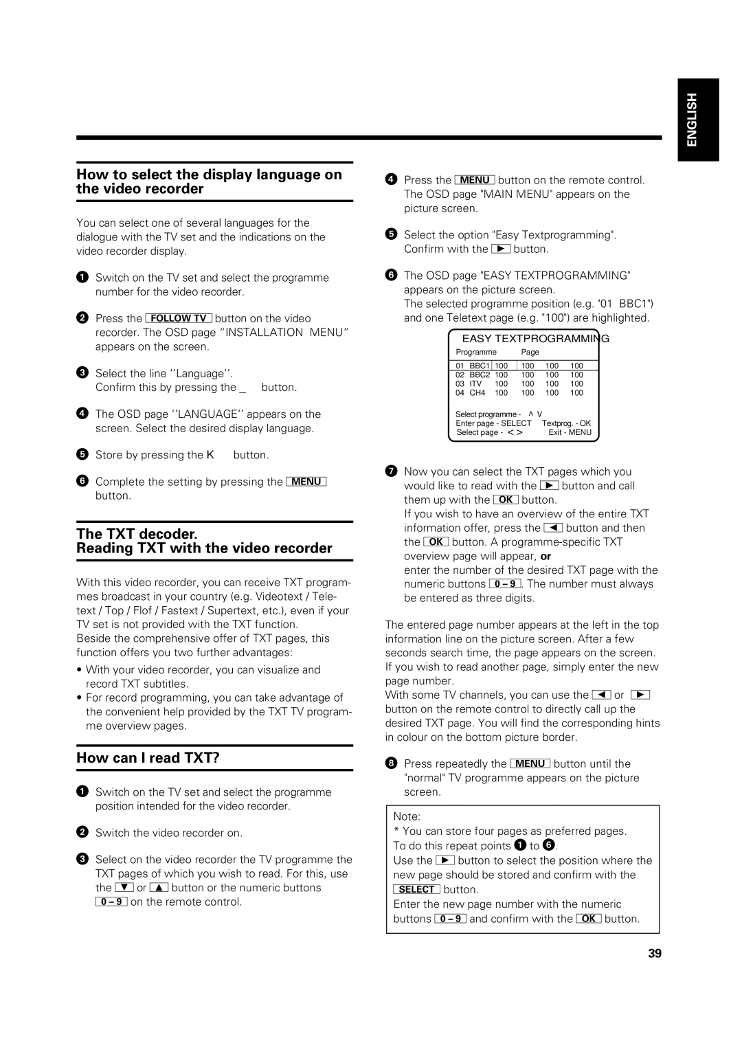 Philips VR969/05 How to select the display language on the video recorder, TXT decoder Reading TXT with the video recorder 