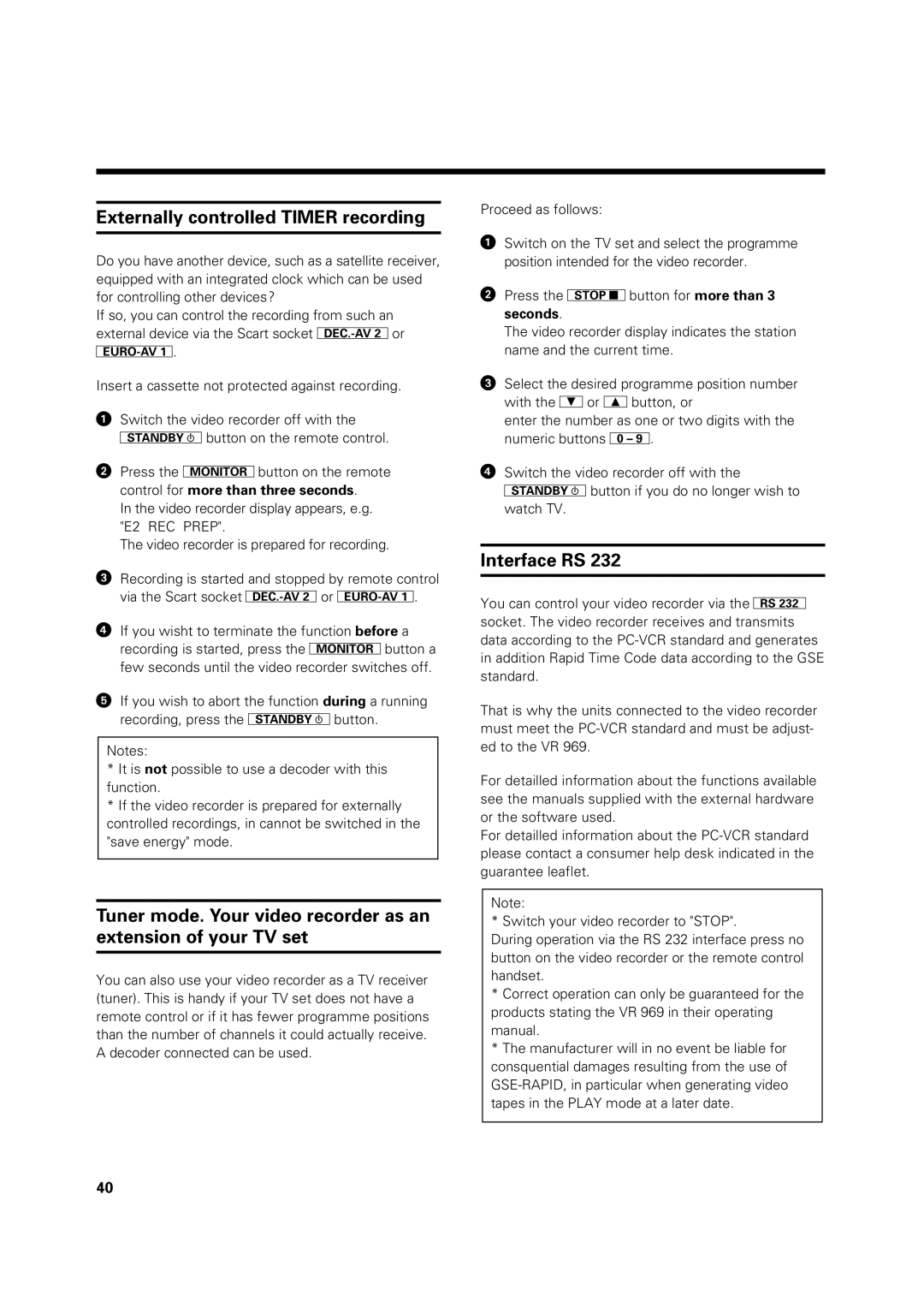 Philips VR969/05 operating instructions Externally controlled Timer recording, Interface RS 