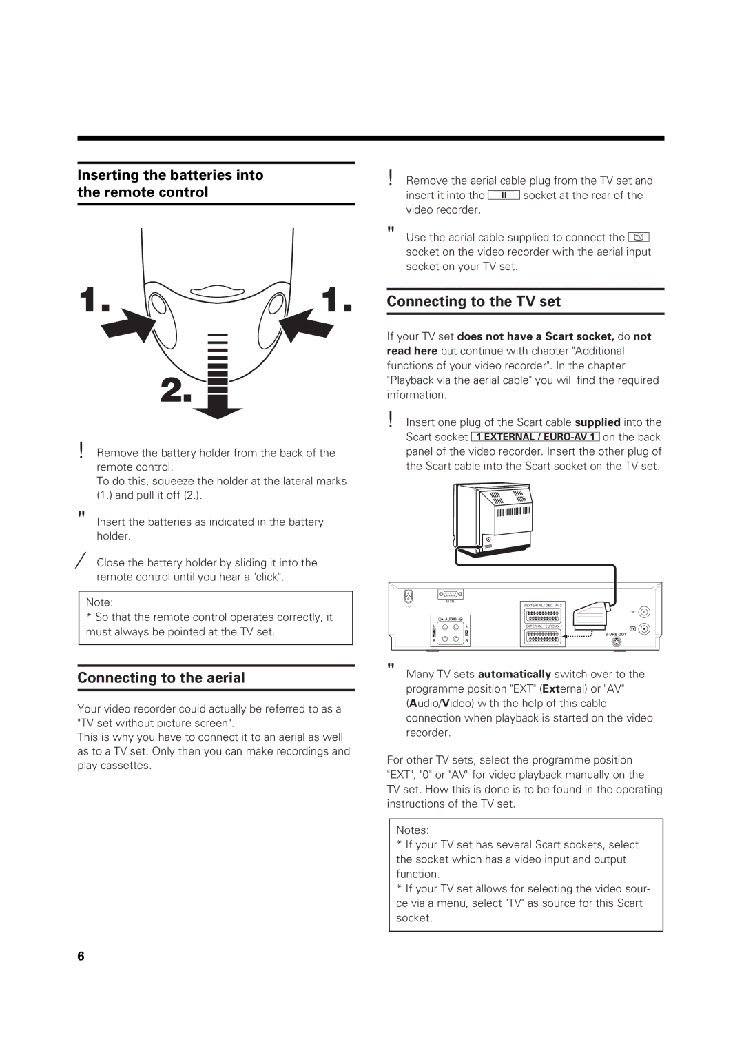 Philips VR969/05 Inserting the batteries into the remote control, Connecting to the aerial, Connecting to the TV set 