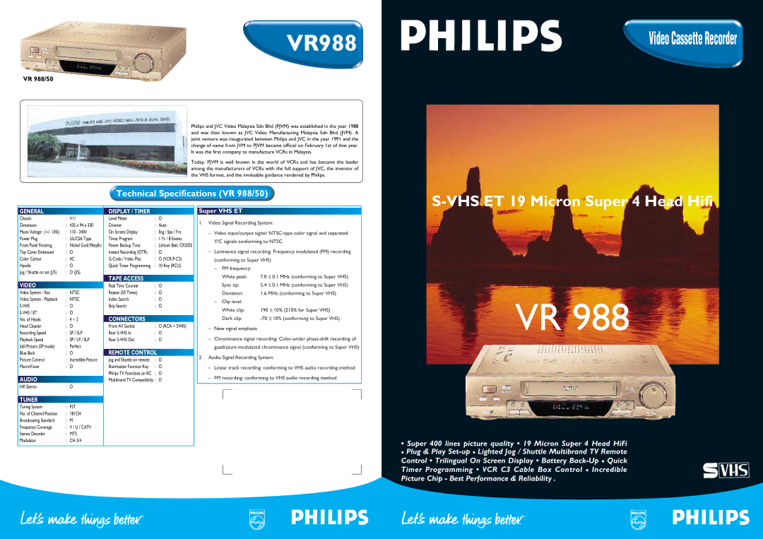 Philips vr988 technical specifications General, Video, Audio, Tuner, Display / Timer, Tape Access, Connectors 