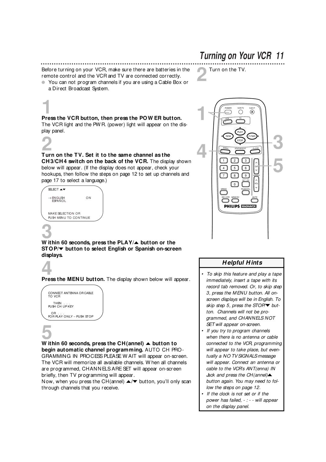 Philips VRA211AT owner manual Turning on Your VCR, Press the VCR button, then press the Power button, 2Turn on the TV 