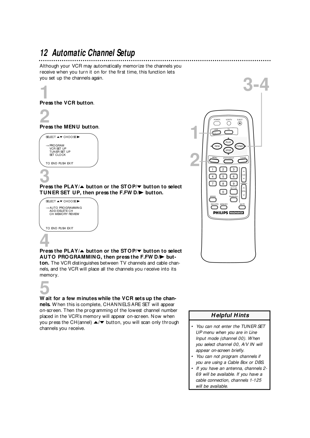 Philips VRA211AT owner manual Automatic Channel Setup, Press the VCR button, Press the Menu button 