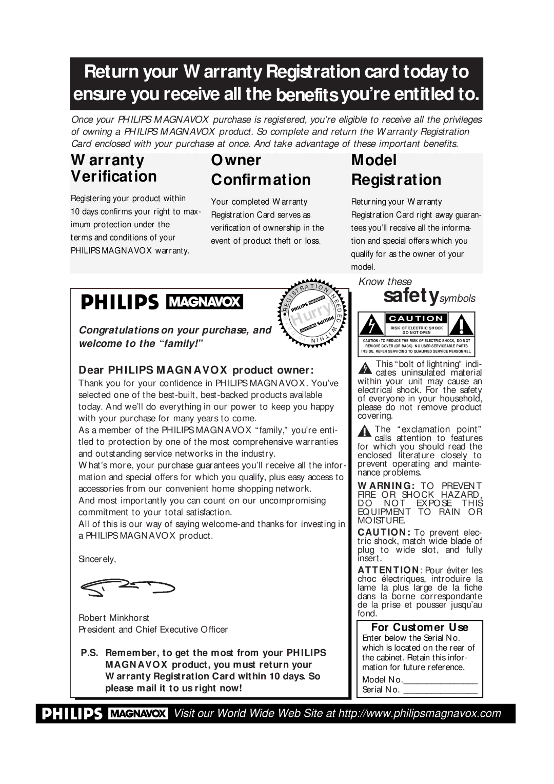 Philips VRA211AT owner manual Dear Philips Magnavox product owner, For Customer Use, Model No Serial No 