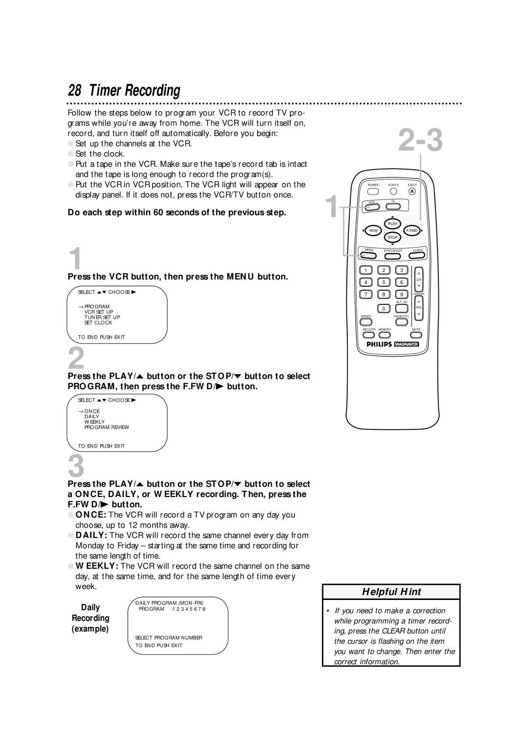 Philips VRA211AT owner manual Timer Recording, Do each step within 60 seconds of the previous step, Daily 