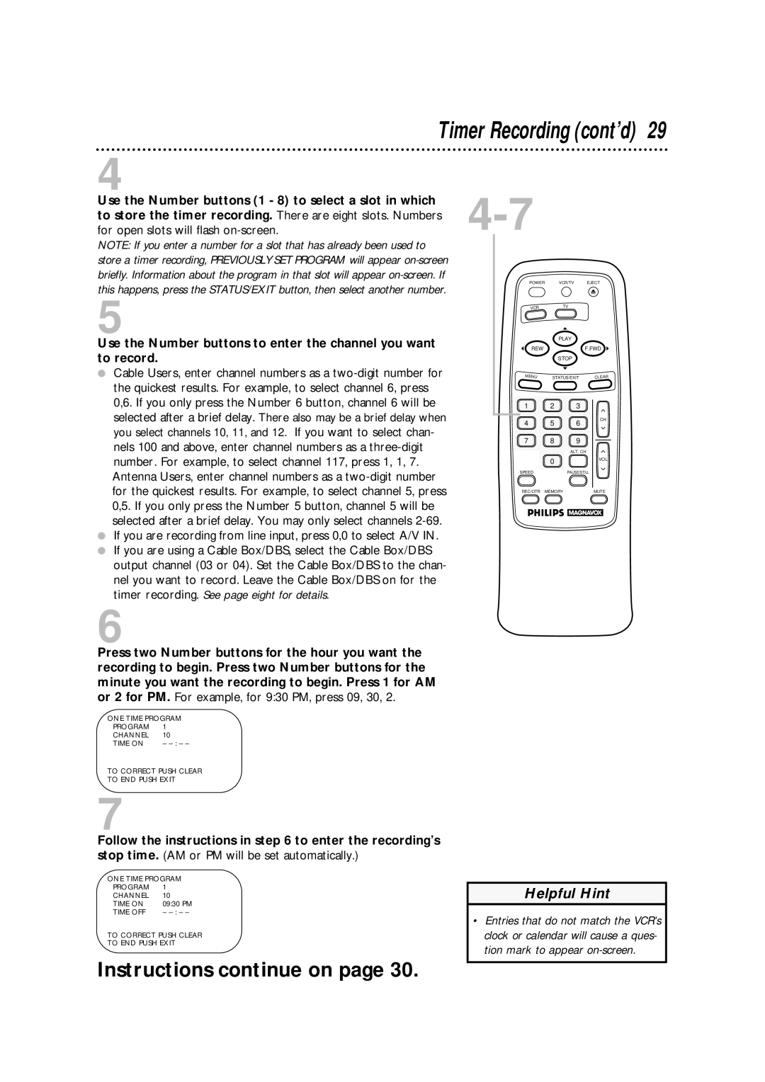 Philips VRA211AT owner manual Timer Recording cont’d 