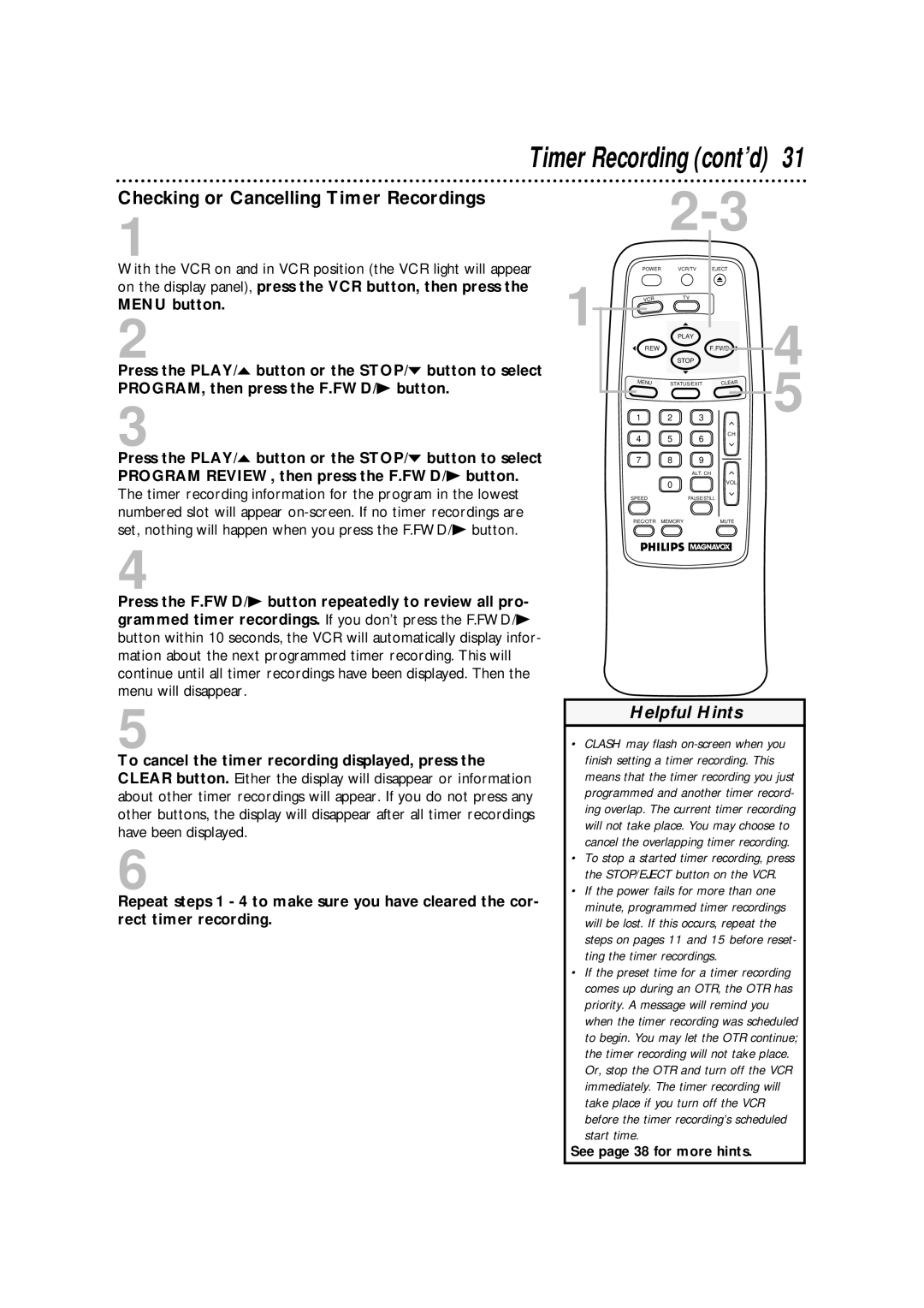 Philips VRA211AT owner manual Checking or Cancelling Timer Recordings, Program REVIEW, then press the F.FWD/B button 