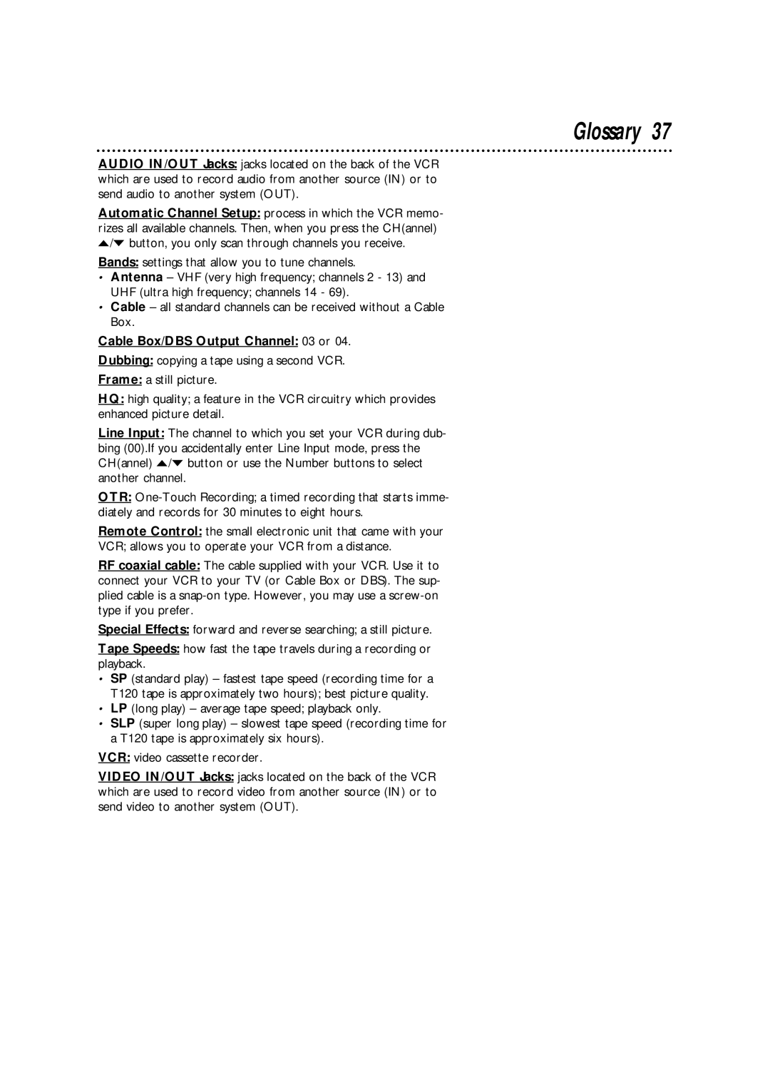 Philips VRA211AT owner manual Glossary, Cable Box/DBS Output Channel 03 or 