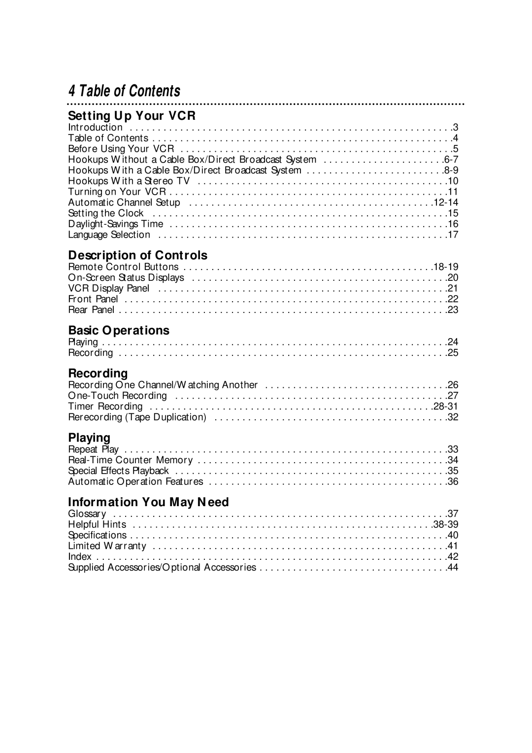 Philips VRA211AT owner manual Table of Contents 