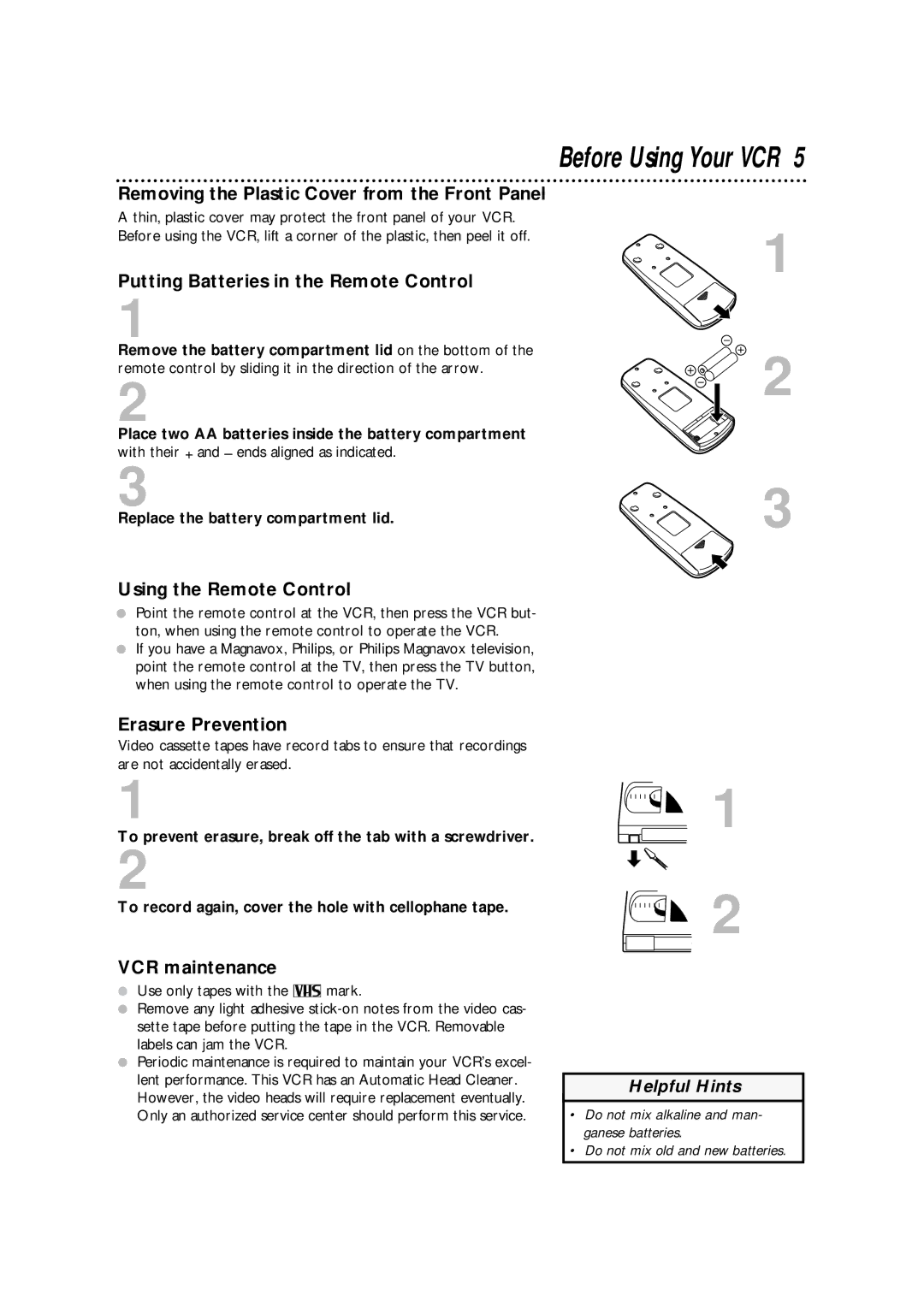 Philips VRA211AT Removing the Plastic Cover from the Front Panel, Putting Batteries in the Remote Control, VCR maintenance 