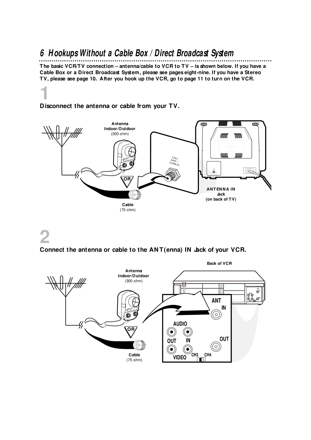 Philips VRA211AT Hookups Without a Cable Box / Direct Broadcast System, Disconnect the antenna or cable from your TV 