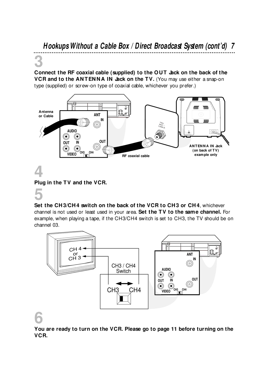 Philips VRA211AT owner manual CH3 CH4, Plug in the TV and the VCR 