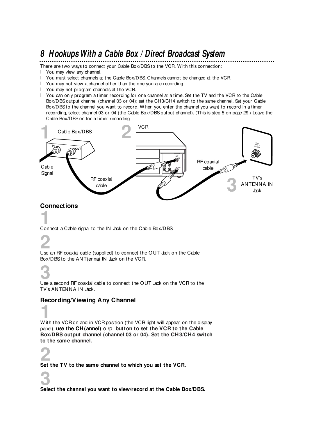 Philips VRA211AT Connections, Recording/Viewing Any Channel, Cable Signal RF coaxial, RF coaxial Cable TV’s ANTENNAJack 