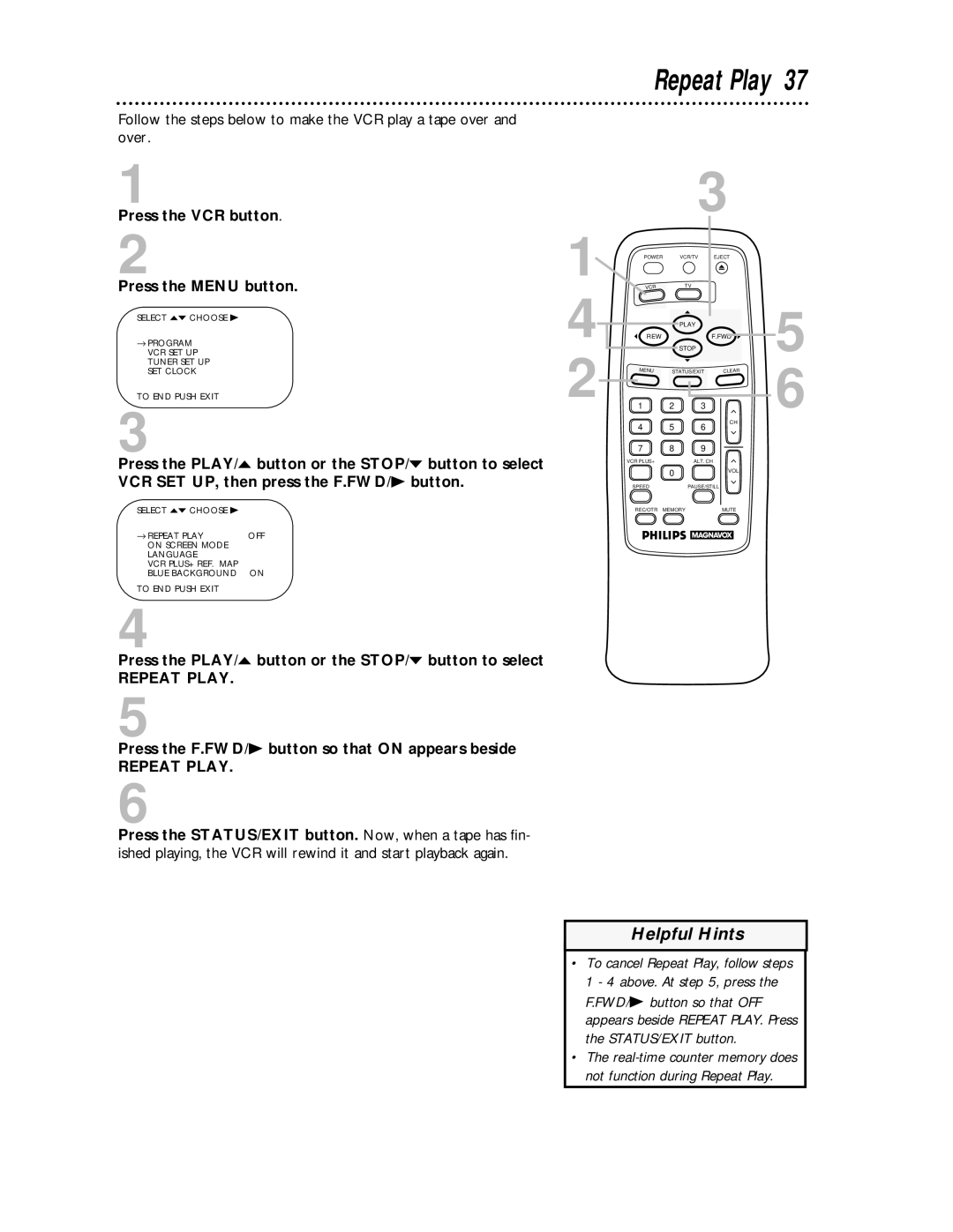 Philips VRA231AT owner manual Repeat Play, Press the F.FWD/B button so that on appears beside 