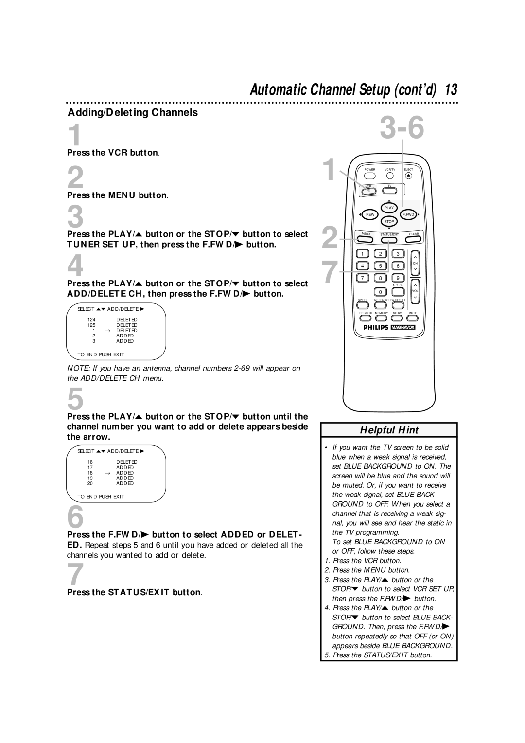 Philips VRA411AT owner manual Automatic Channel Setup cont’d, Adding/Deleting Channels 