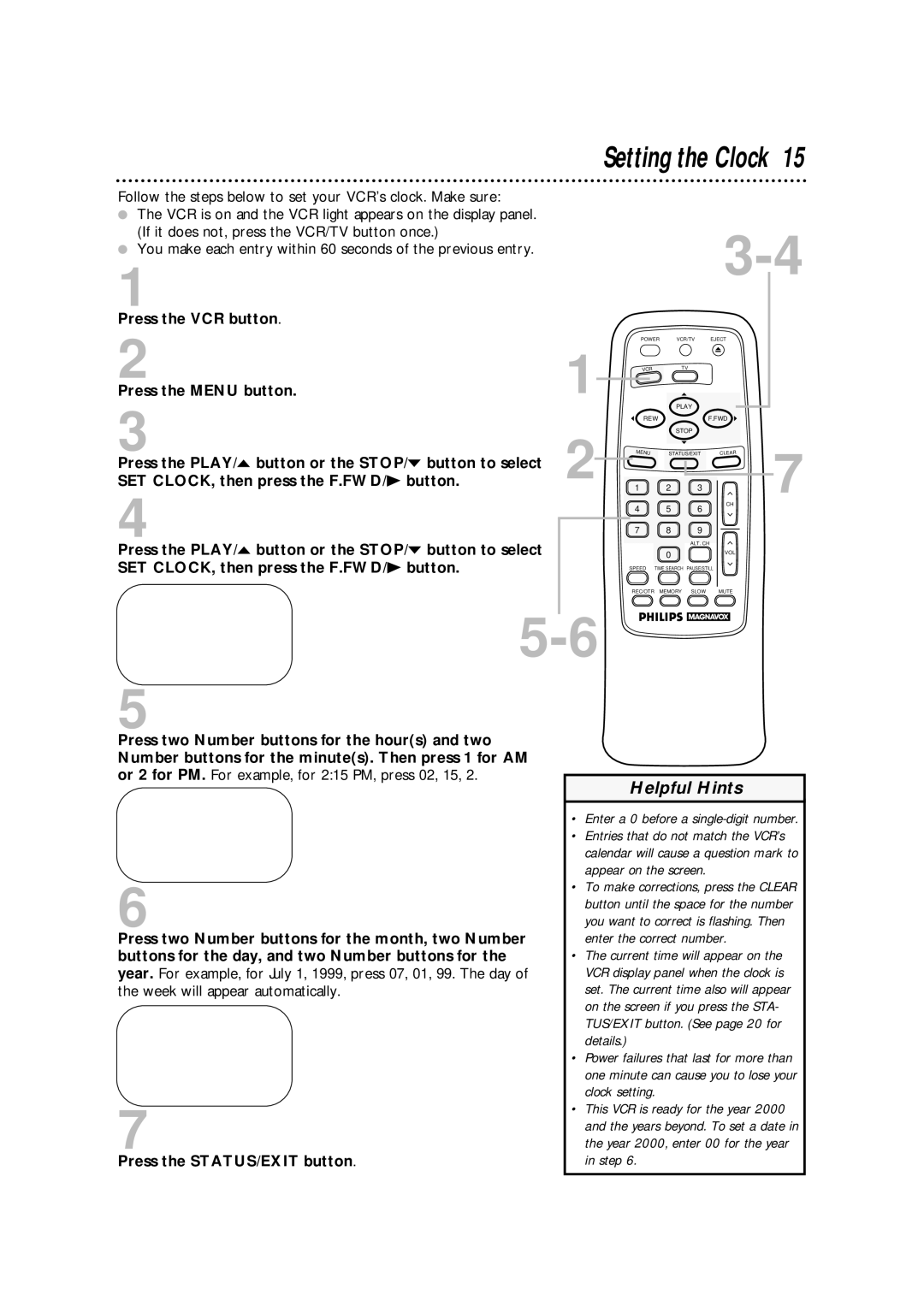 Philips VRA411AT owner manual Setting the Clock, SET CLOCK, then press the F.FWD/ B button 