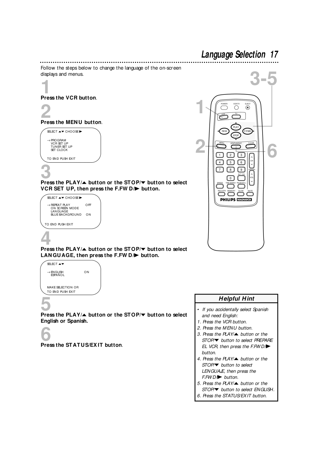 Philips VRA411AT owner manual Language Selection, Press the VCR button Press the Menu button 