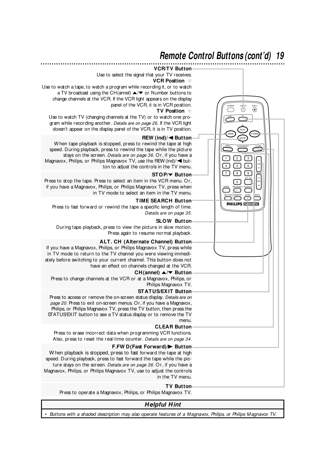 Philips VRA411AT owner manual REWind/ Button, STOP/p Button, Press again to resume normal playback, Menu 