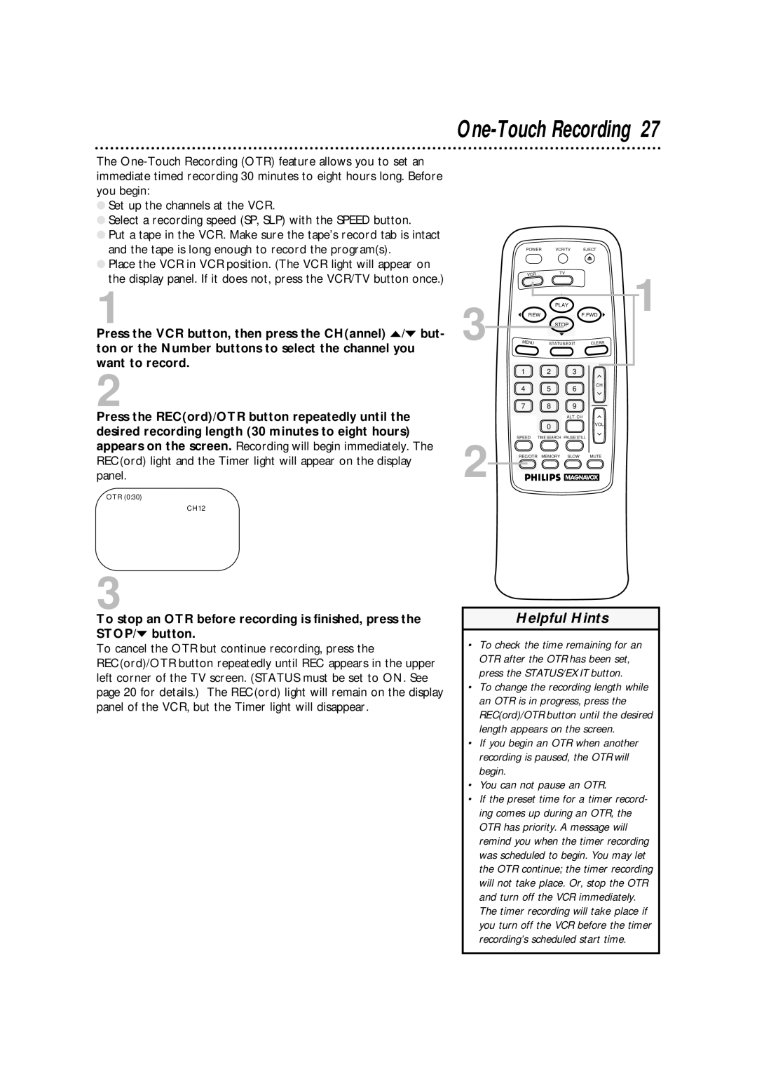 Philips VRA411AT owner manual One-Touch Recording 