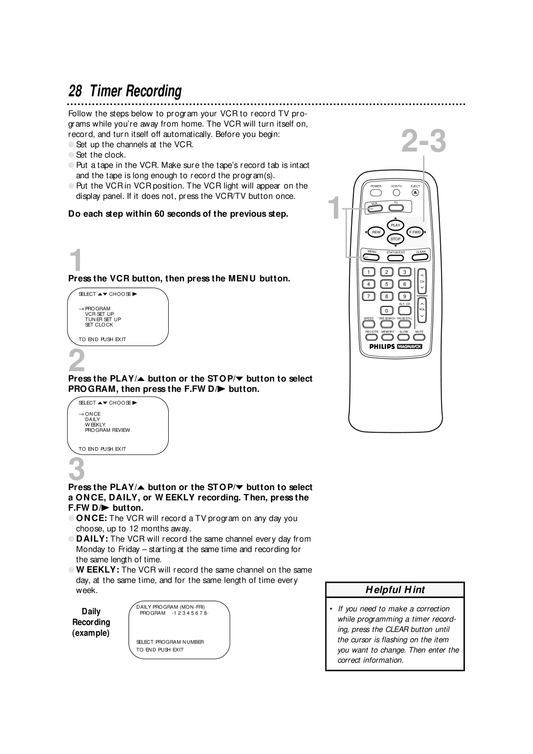 Philips VRA411AT owner manual Timer Recording, Do each step within 60 seconds of the previous step, Daily 