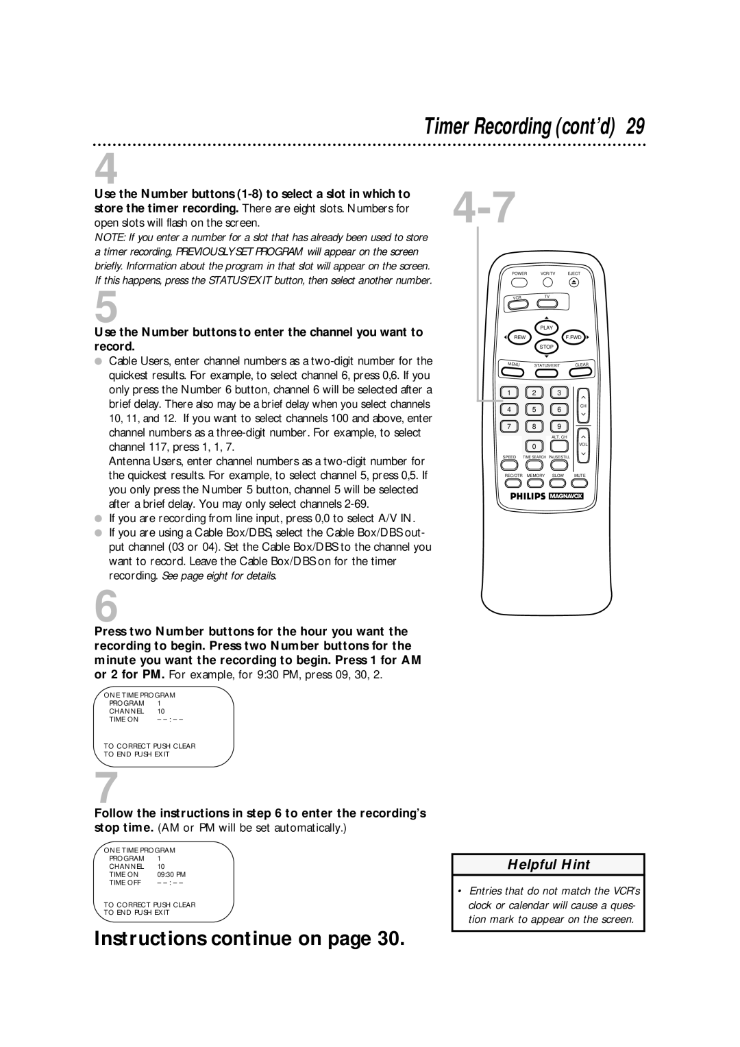 Philips VRA411AT owner manual Timer Recording cont’d 