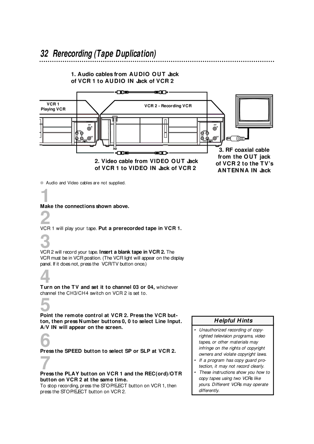 Philips VRA411AT owner manual Rerecording Tape Duplication 