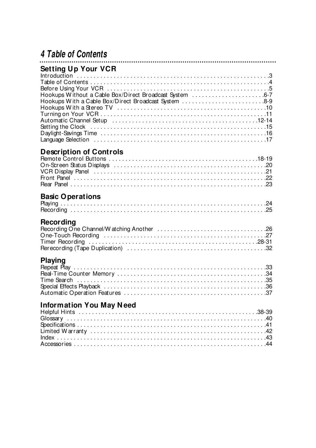 Philips VRA411AT owner manual Table of Contents 