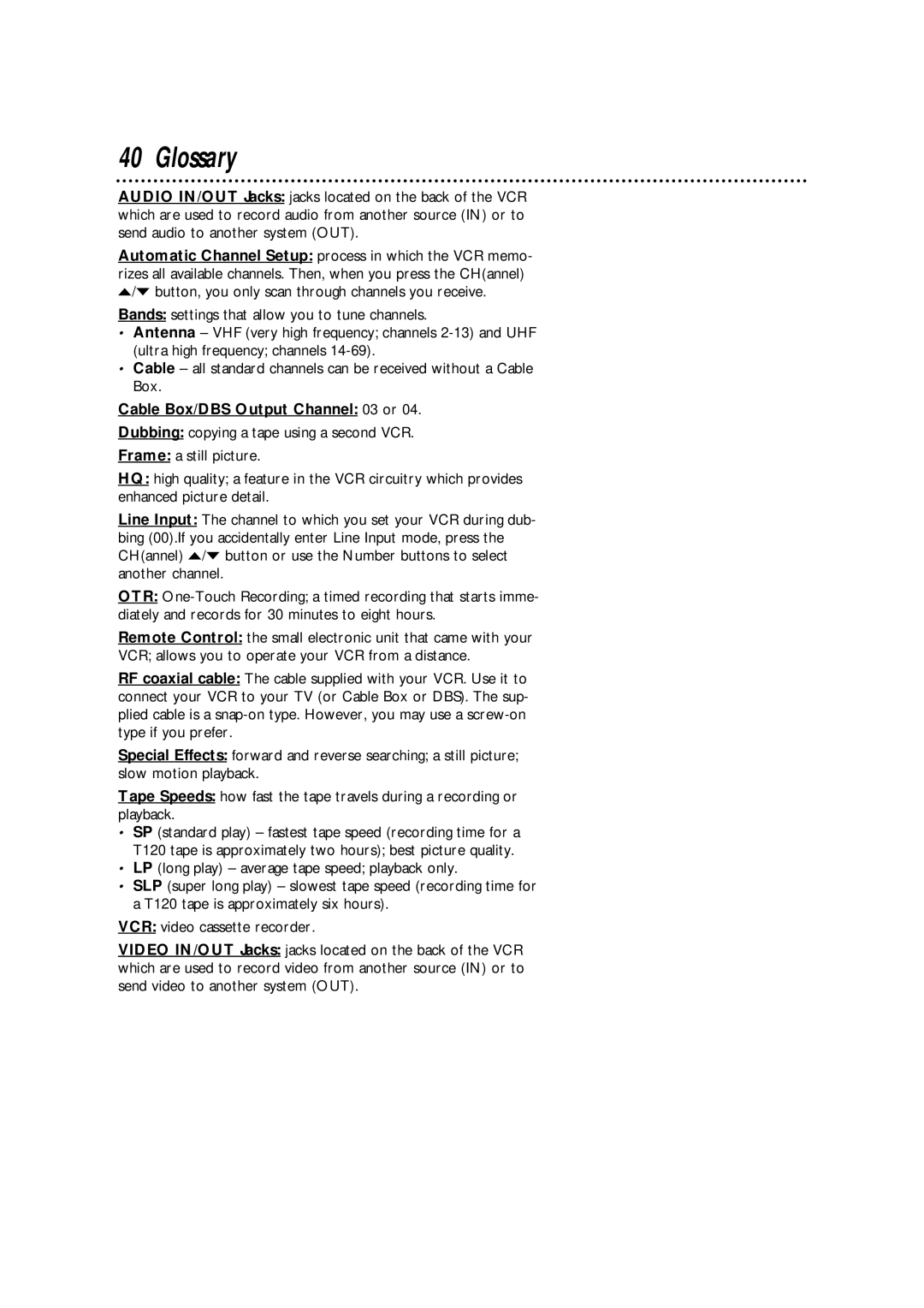 Philips VRA411AT owner manual Glossary, Cable Box/DBS Output Channel 03 or 