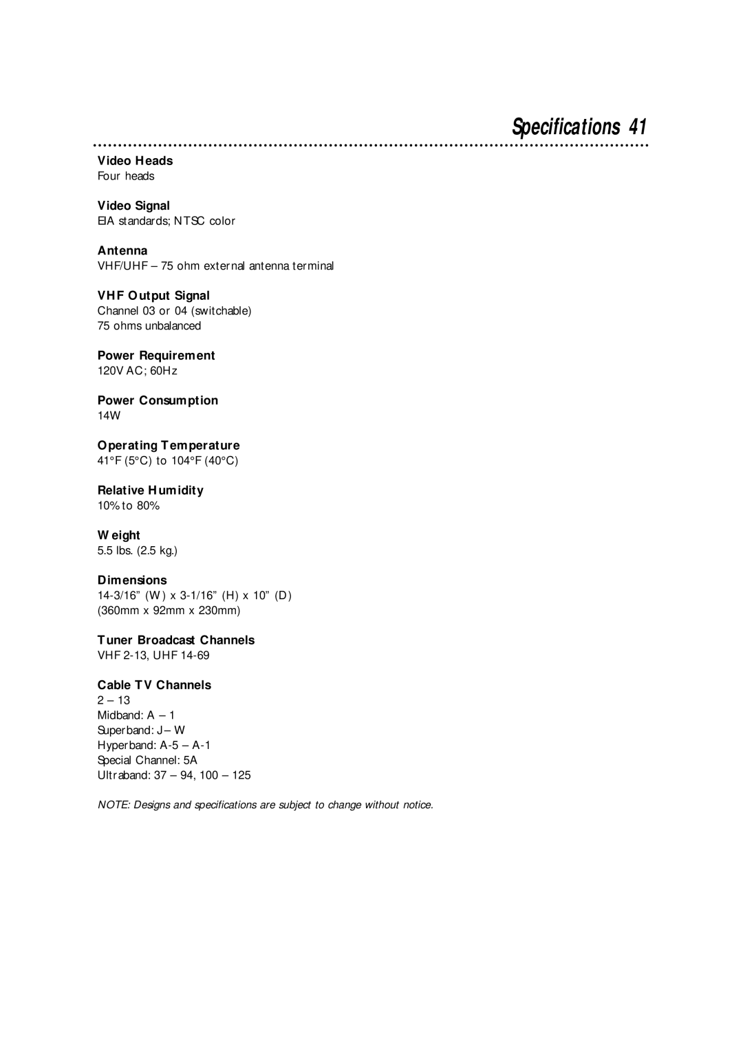 Philips VRA411AT owner manual Specifications 