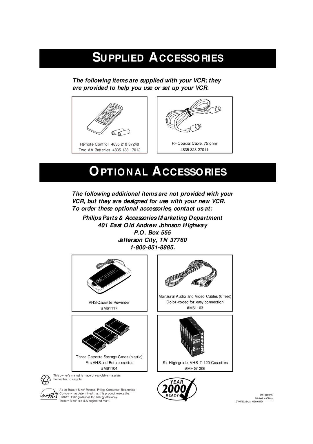 Philips VRA411AT owner manual Supplied Accessories 