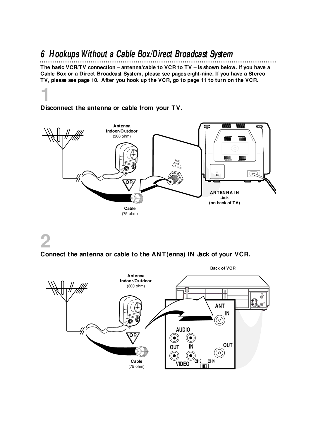 Philips VRA411AT Hookups Without a Cable Box/Direct Broadcast System, Disconnect the antenna or cable from your TV 