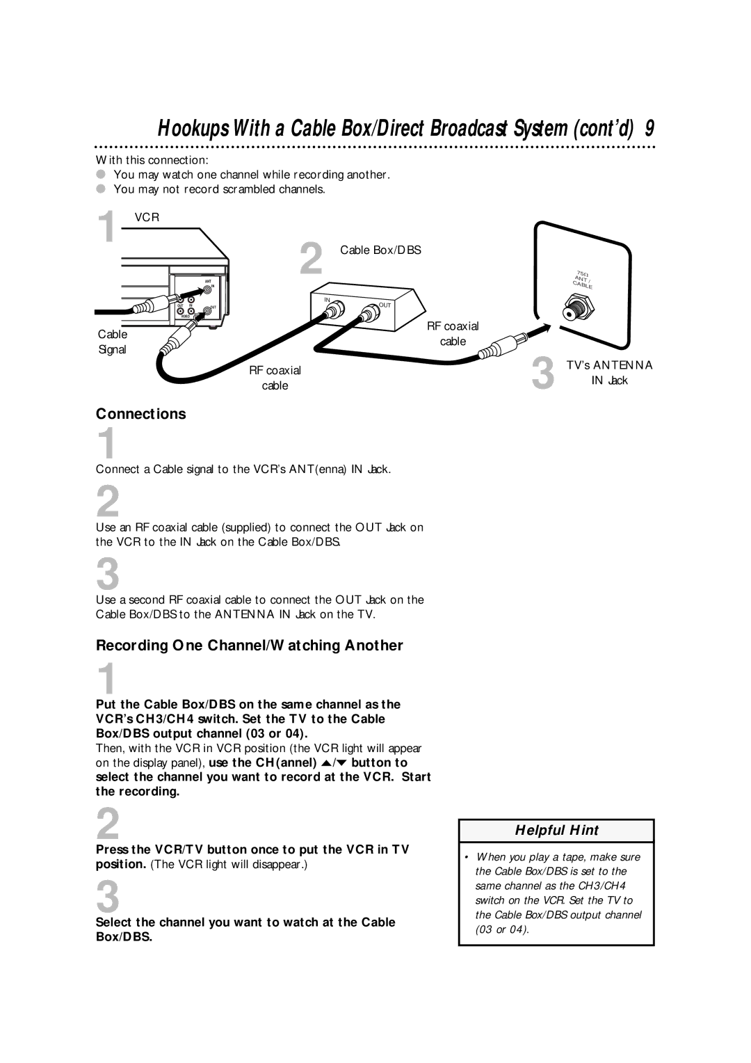 Philips VRA411AT owner manual Recording One Channel/Watching Another, Cable Box/DBS, Cable Signal 