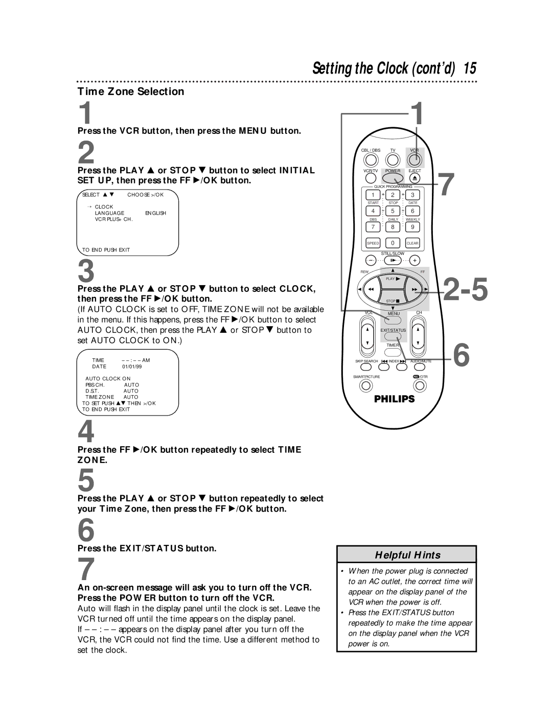 Philips VRA651, VRA451 owner manual Time Zone Selection, Press the FF /OK button repeatedly to select Time 