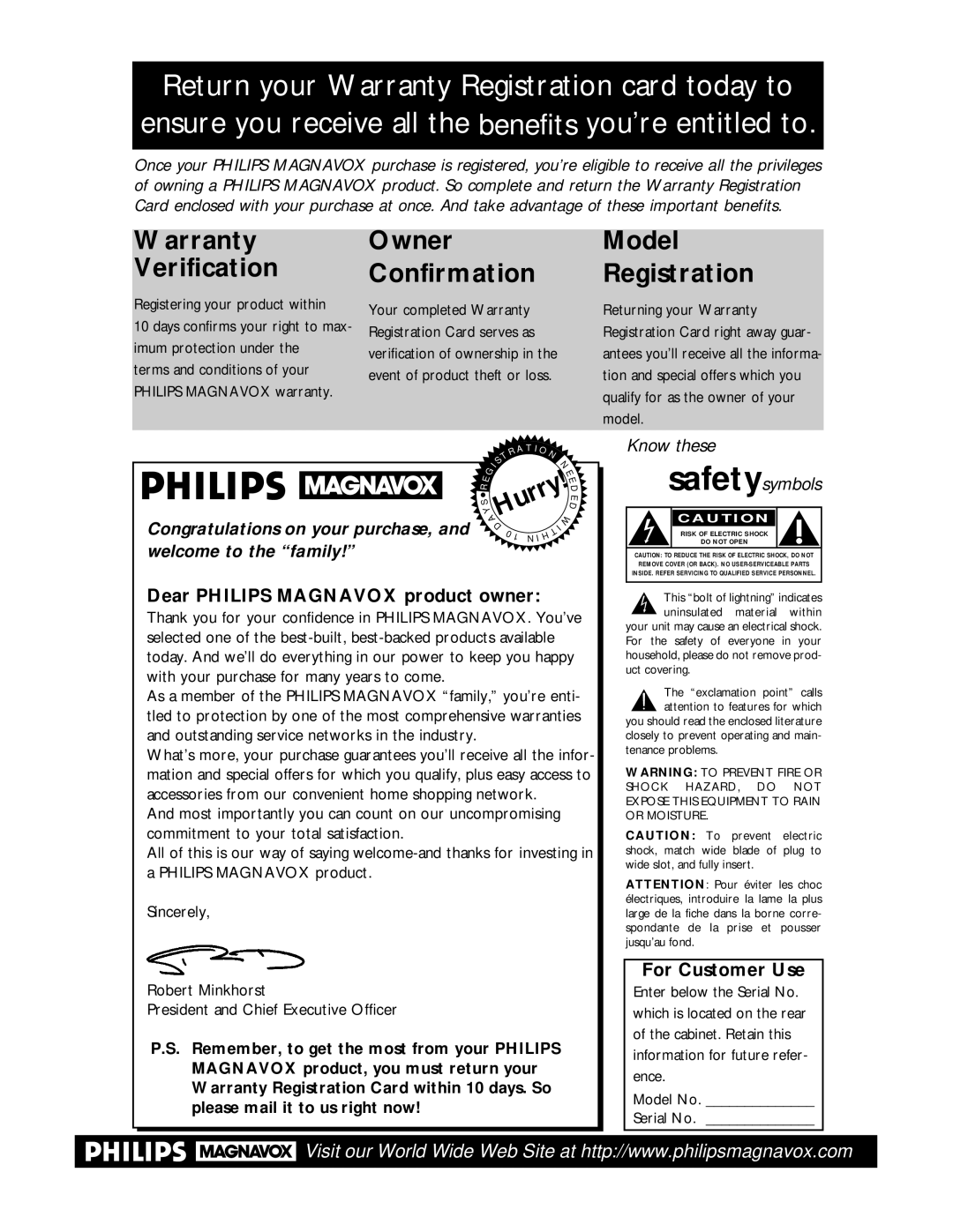 Philips VRA451, VRA651 owner manual Dear Philips Magnavox product owner, For Customer Use 