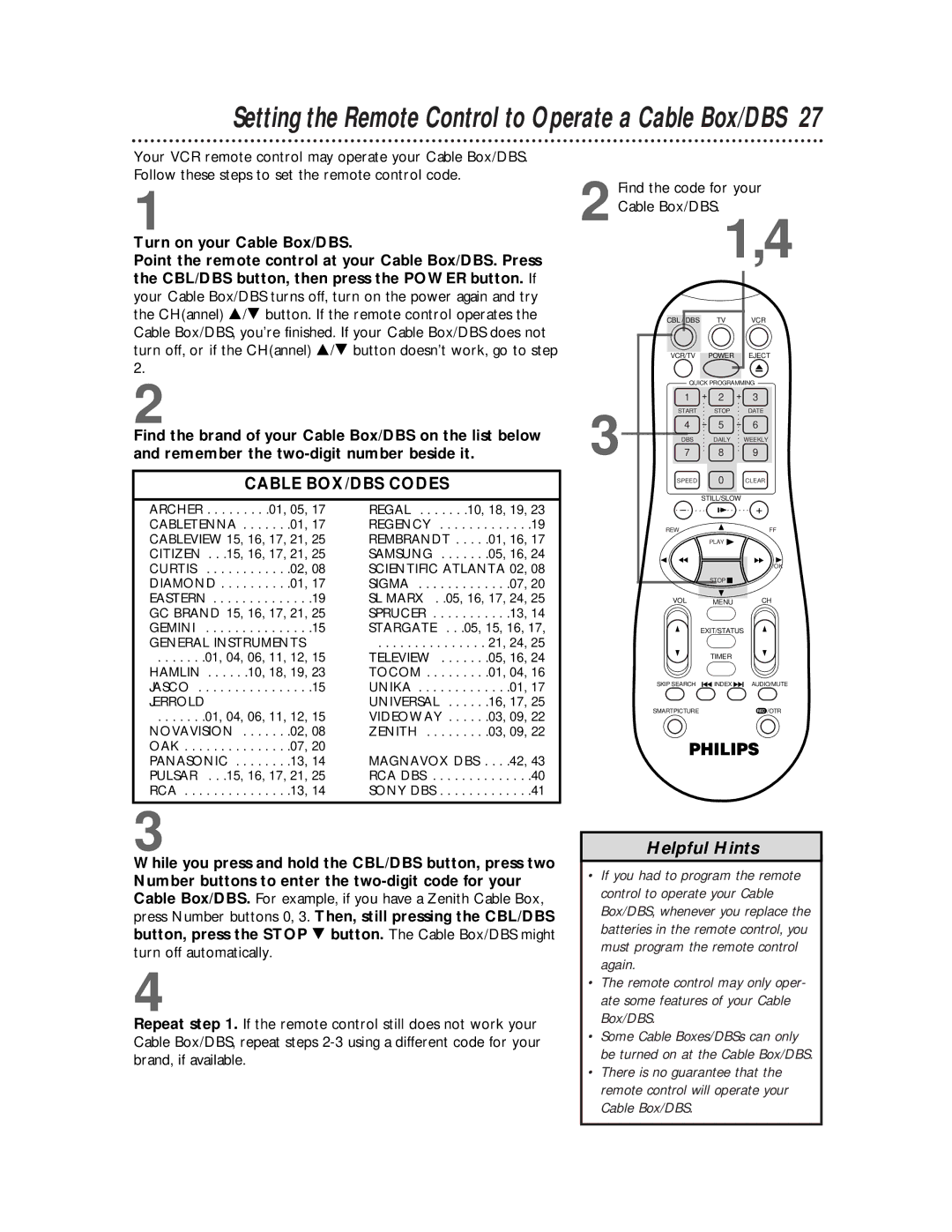 Philips VRA651, VRA451 owner manual Setting the Remote Control to Operate a Cable Box/DBS 