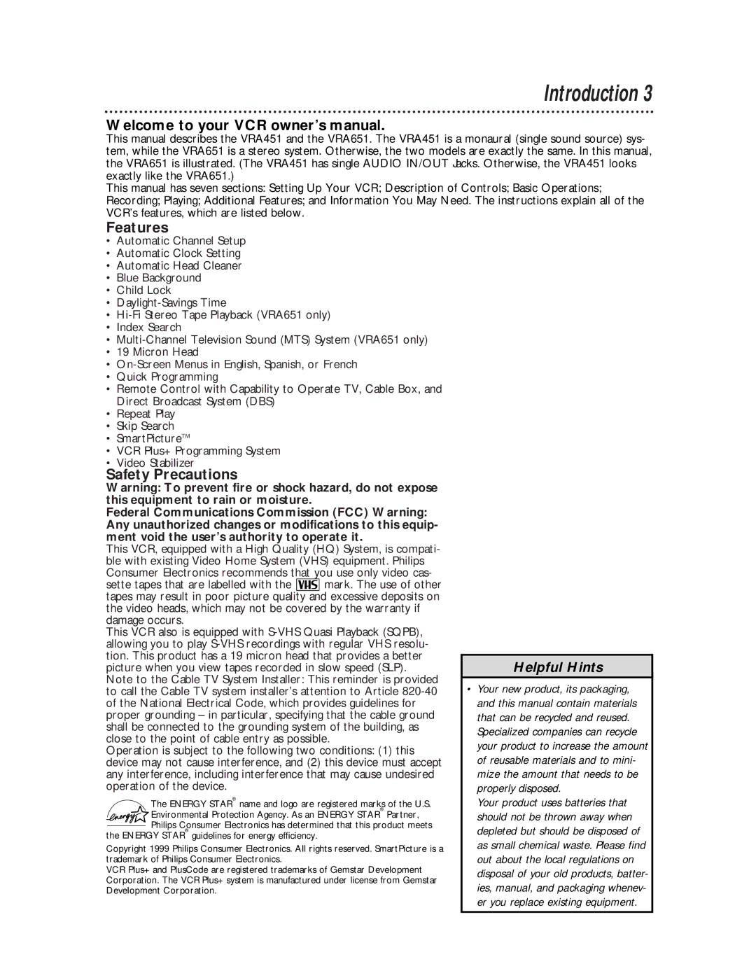 Philips VRA651, VRA451 owner manual Introduction, Features, Safety Precautions 