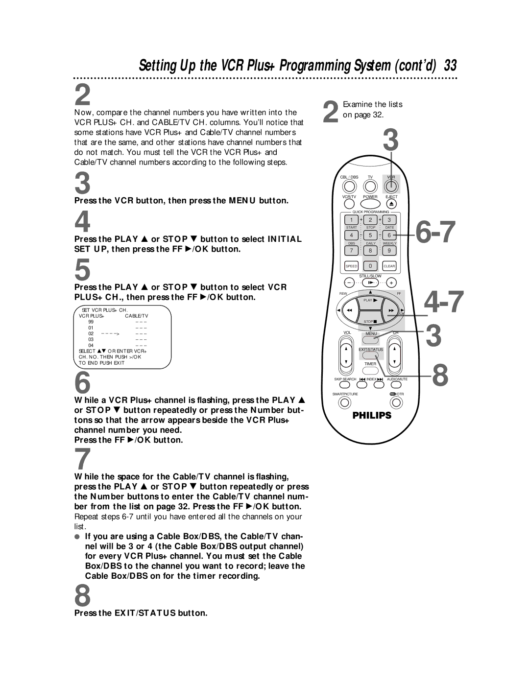 Philips VRA651, VRA451 owner manual Setting Up the VCR Plus+ Programming System cont’d, Examine the lists 2on 