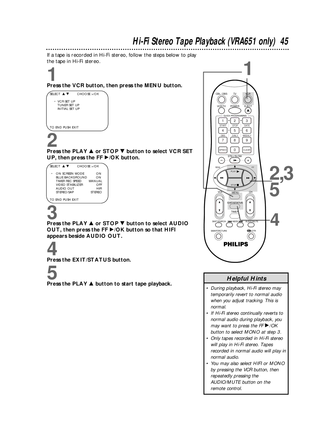 Philips VRA451 owner manual Hi-Fi Stereo Tape Playback VRA651 only 