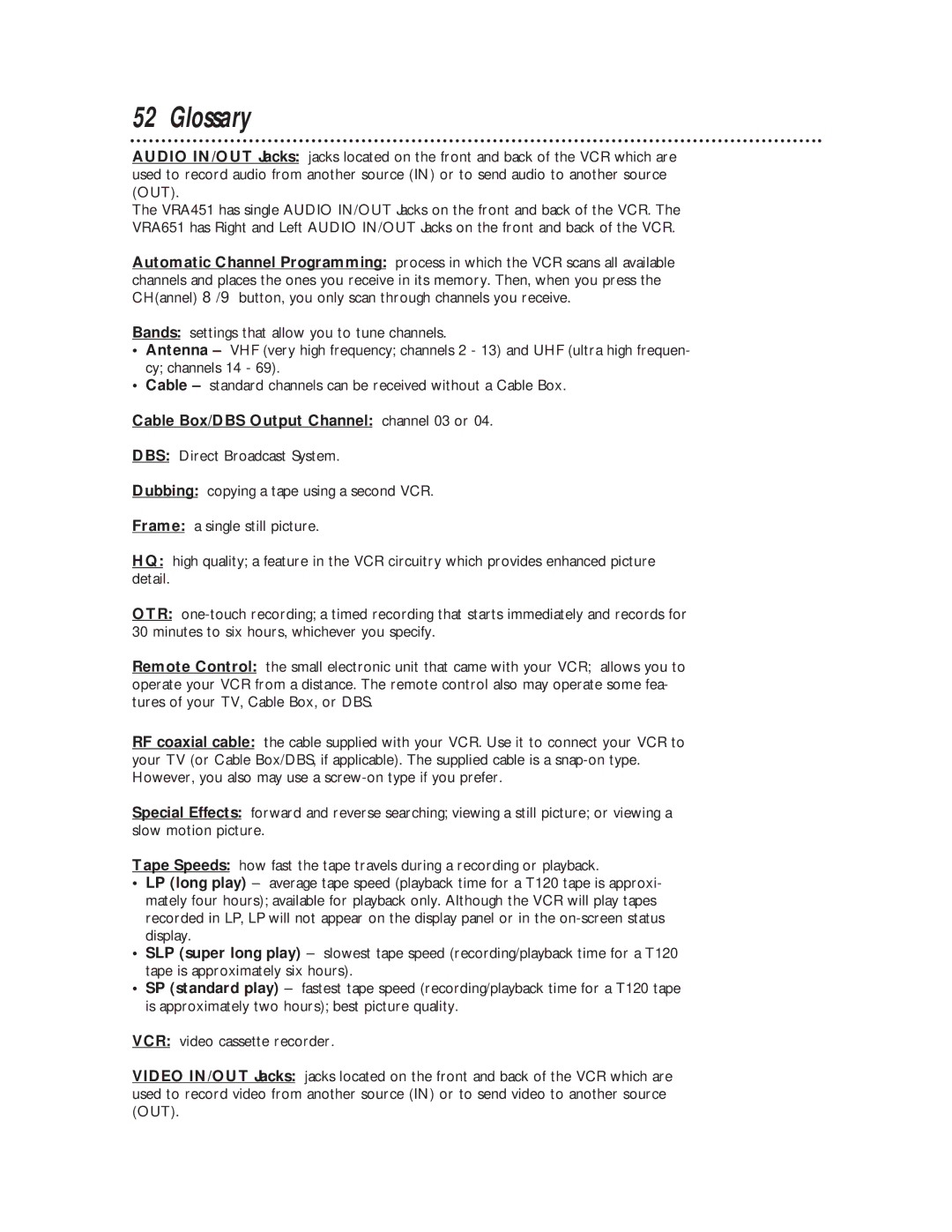 Philips VRA451, VRA651 owner manual Glossary, Cable Box/DBS Output Channel channel 03 or 