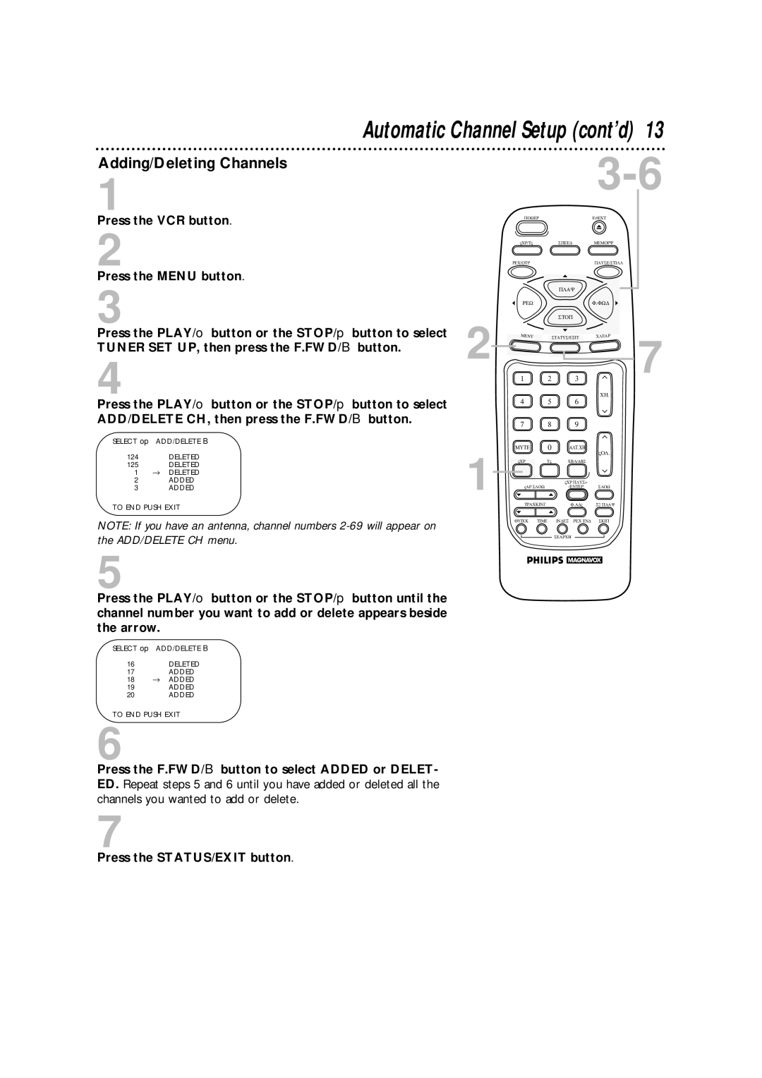 Philips VRA471AT owner manual Automatic Channel Setup cont’d, Adding/Deleting Channels 