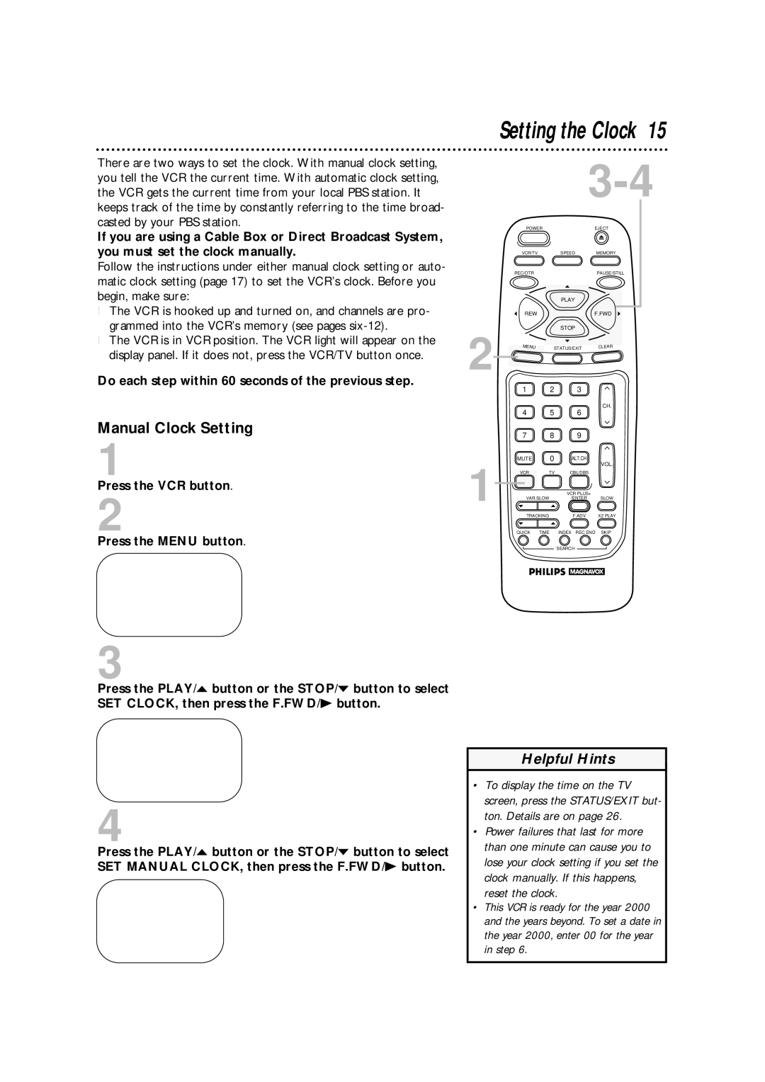 Philips VRA471AT owner manual Manual Clock Setting, Do each step within 60 seconds of the previous step 