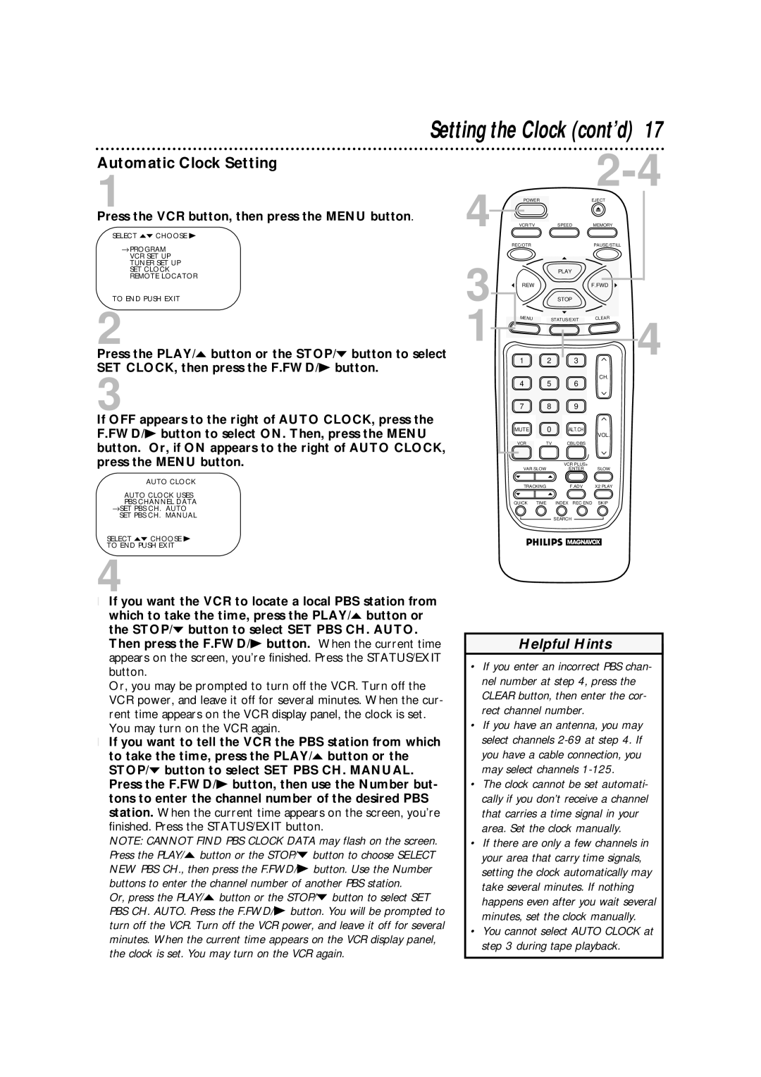 Philips VRA471AT owner manual Automatic Clock Setting, Press the VCR button, then press the Menu button 