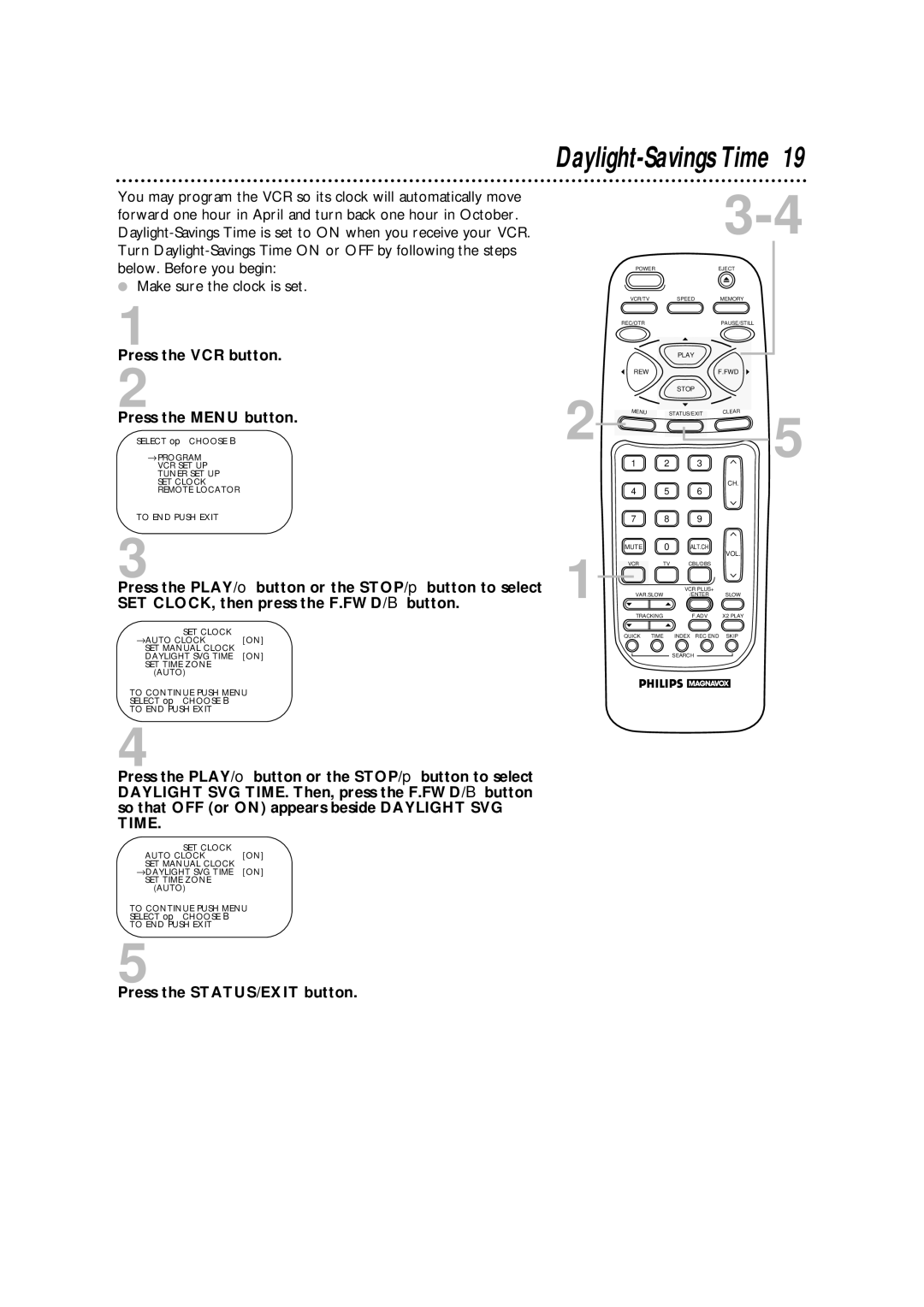 Philips VRA471AT owner manual Daylight-Savings Time 