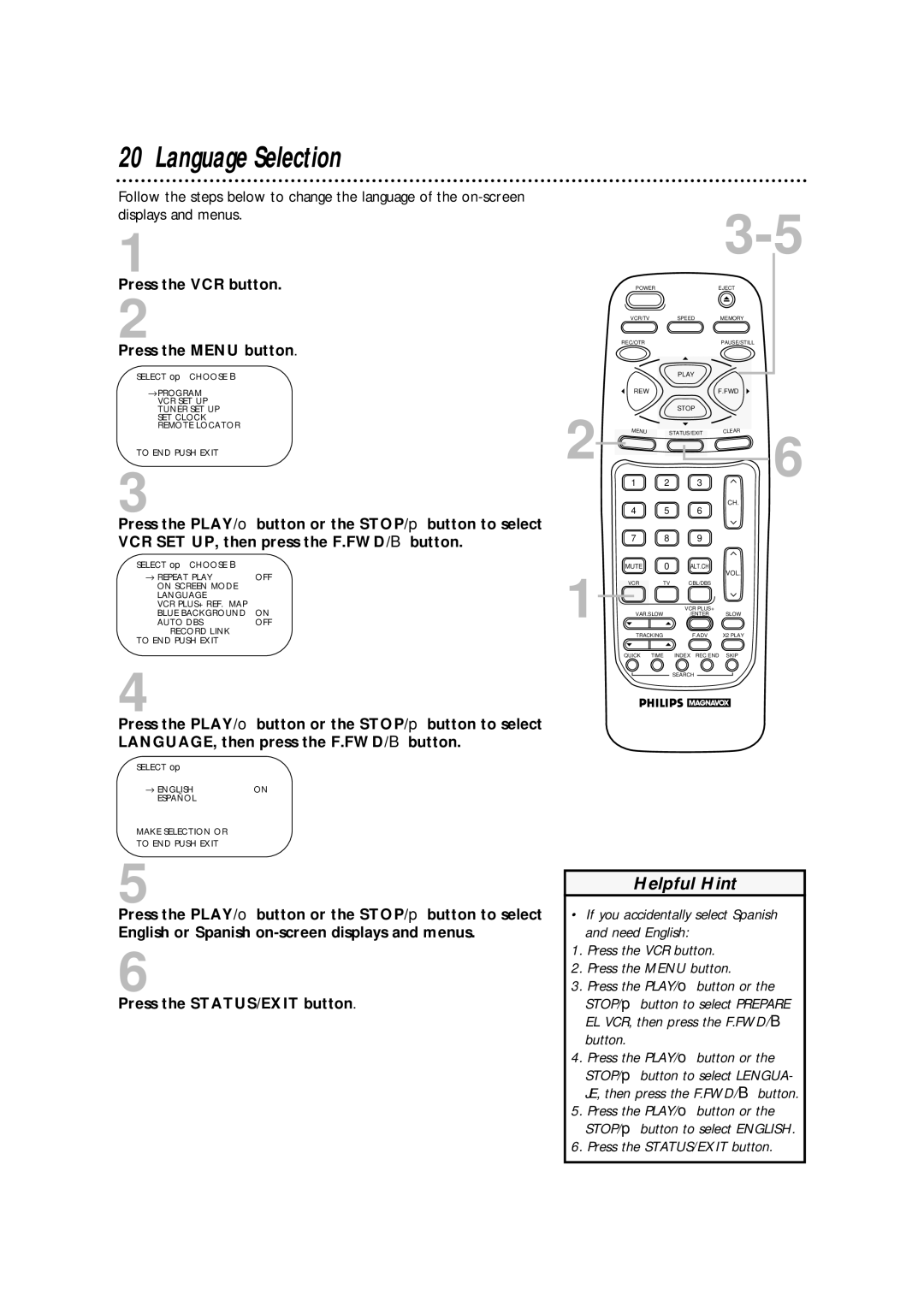 Philips VRA471AT owner manual Language Selection 